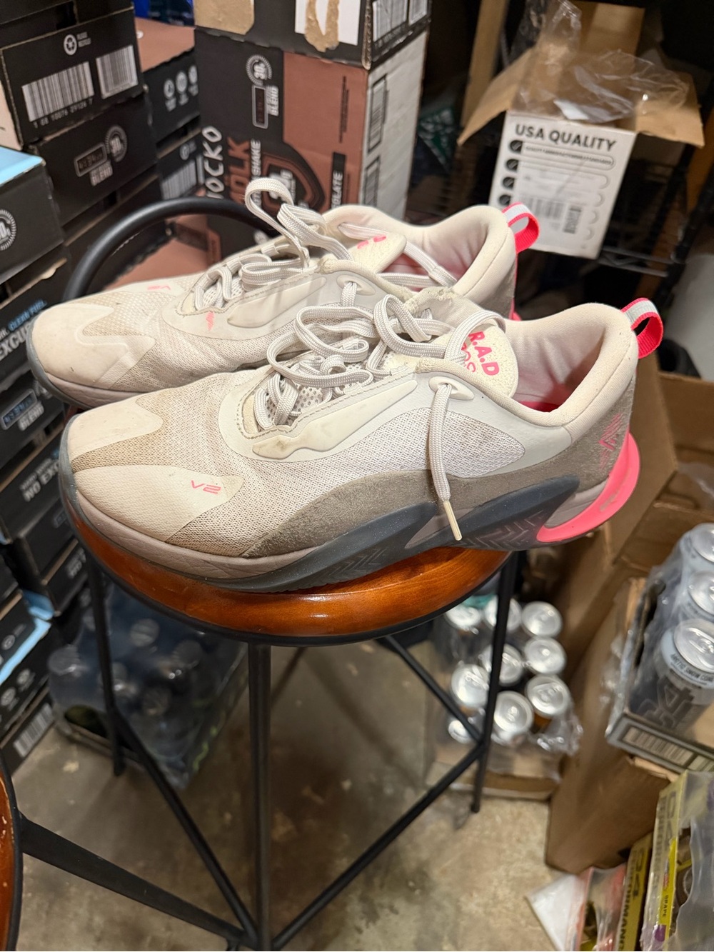 Men's Athletic Sneakers in Beige with Pink Accents